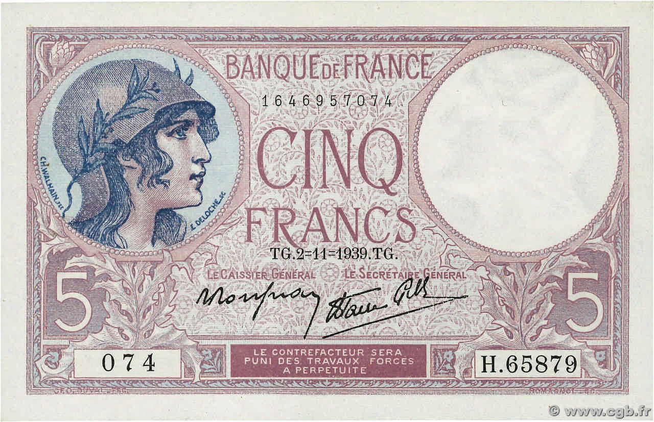 5 Francs FEMME CASQUÉE modifié FRANCIA  1939 F.04.14 q.AU