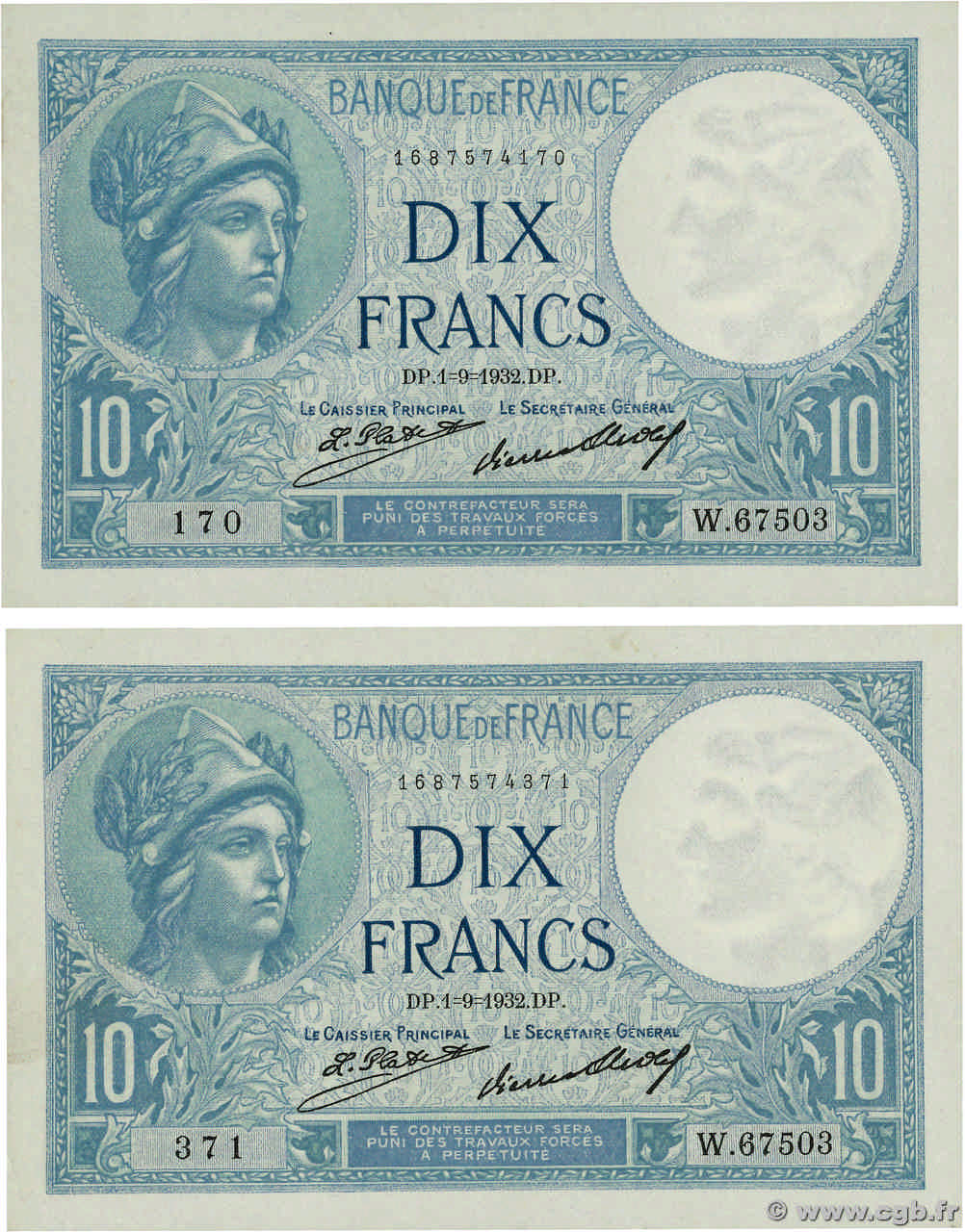 10 Francs MINERVE Lot FRANCE  1932 F.06.16 SUP+