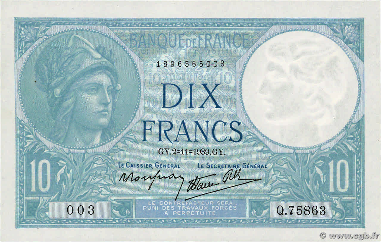 10 Francs MINERVE modifié FRANCE  1939 F.07.14 SUP+