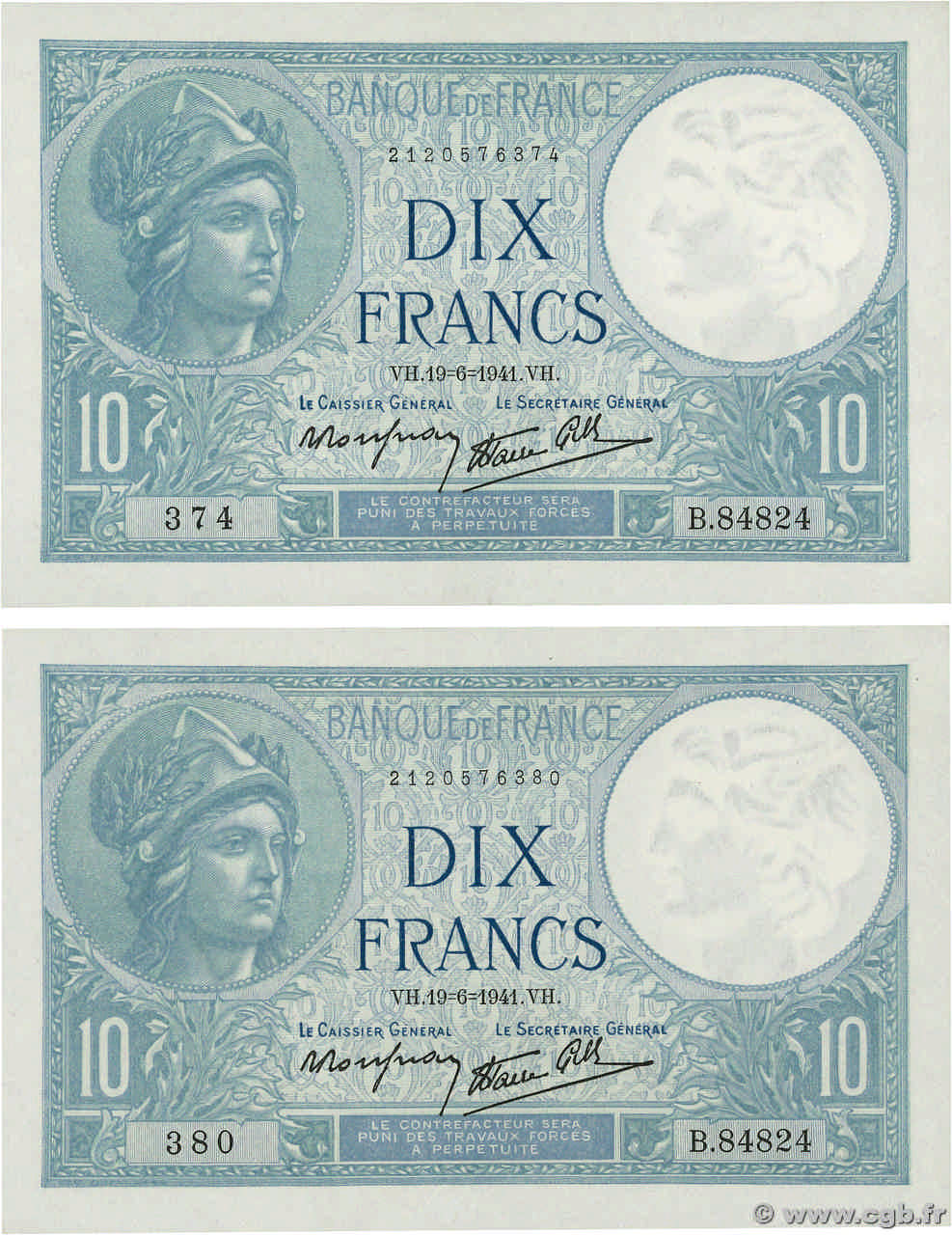 10 Francs MINERVE modifié Lot FRANCE  1941 F.07.29 pr.SPL