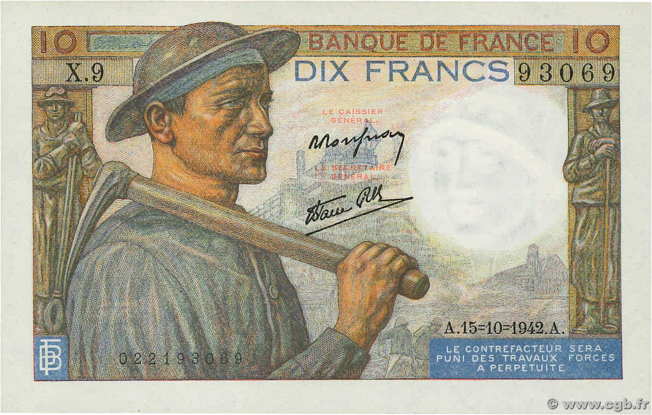 10 Francs MINEUR FRANCE  1942 F.08.04 UNC-