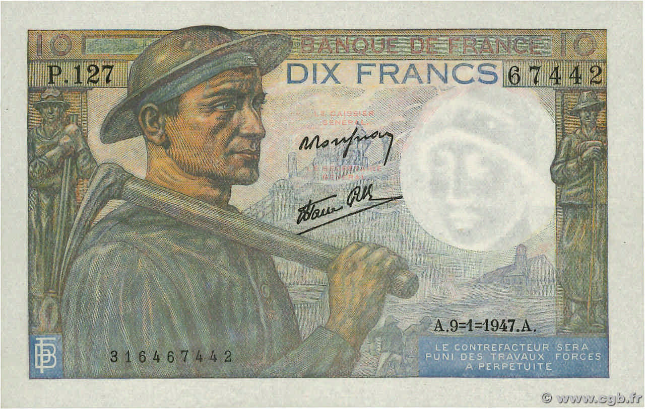 10 Francs MINEUR FRANKREICH  1947 F.08.17 fST+