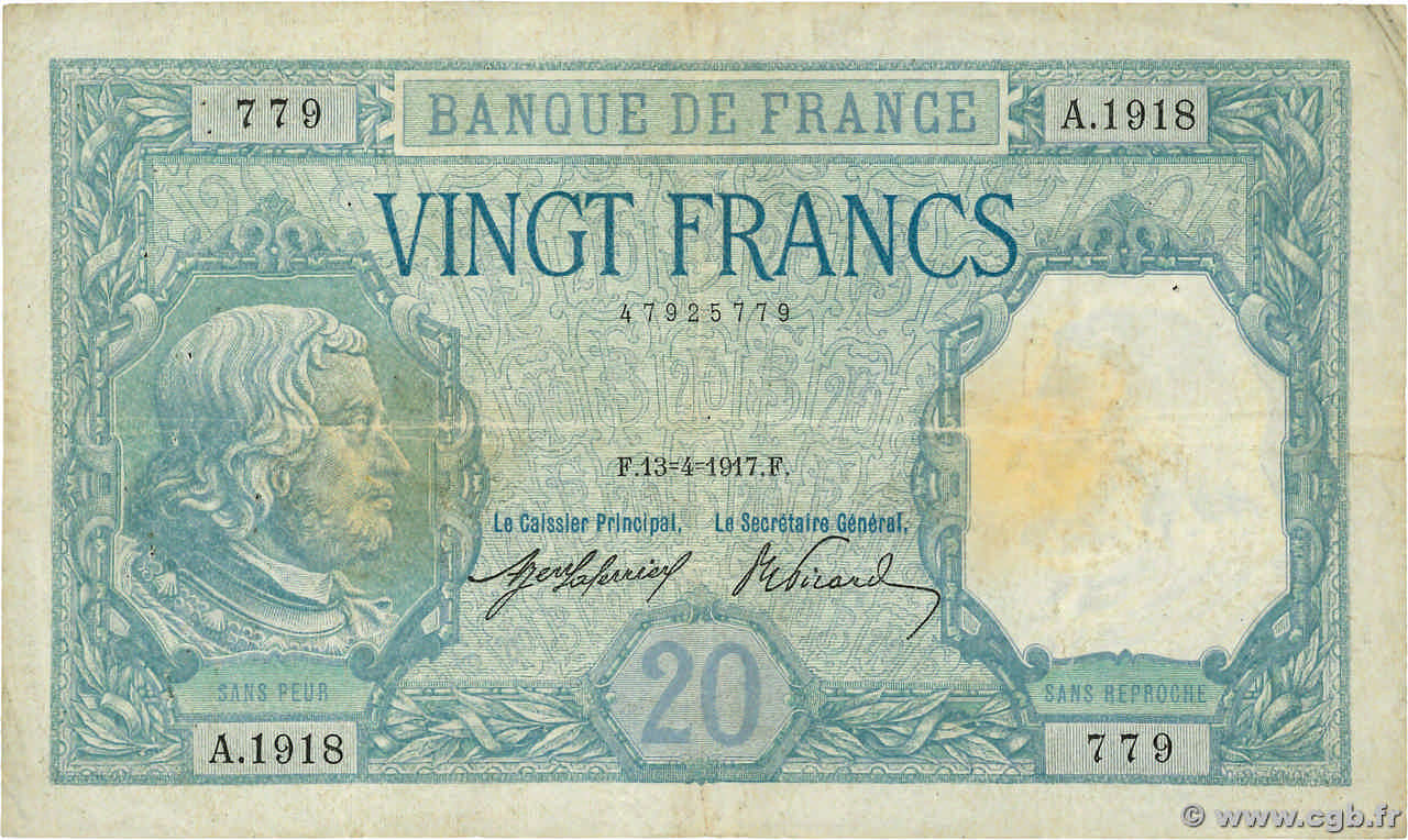 20 Francs BAYARD FRANCE  1917 F.11.02 B+