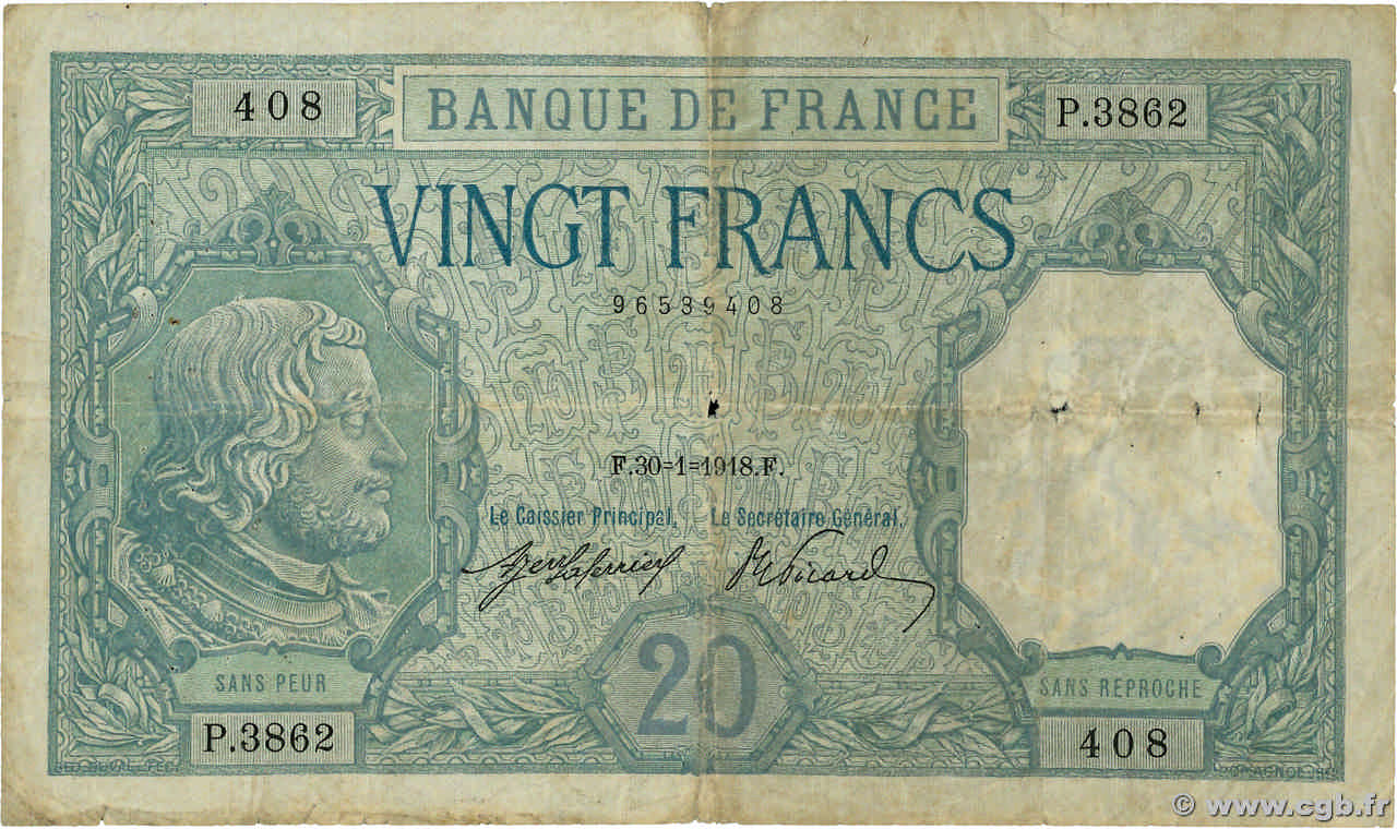 20 Francs BAYARD FRANCE  1918 F.11.03 G