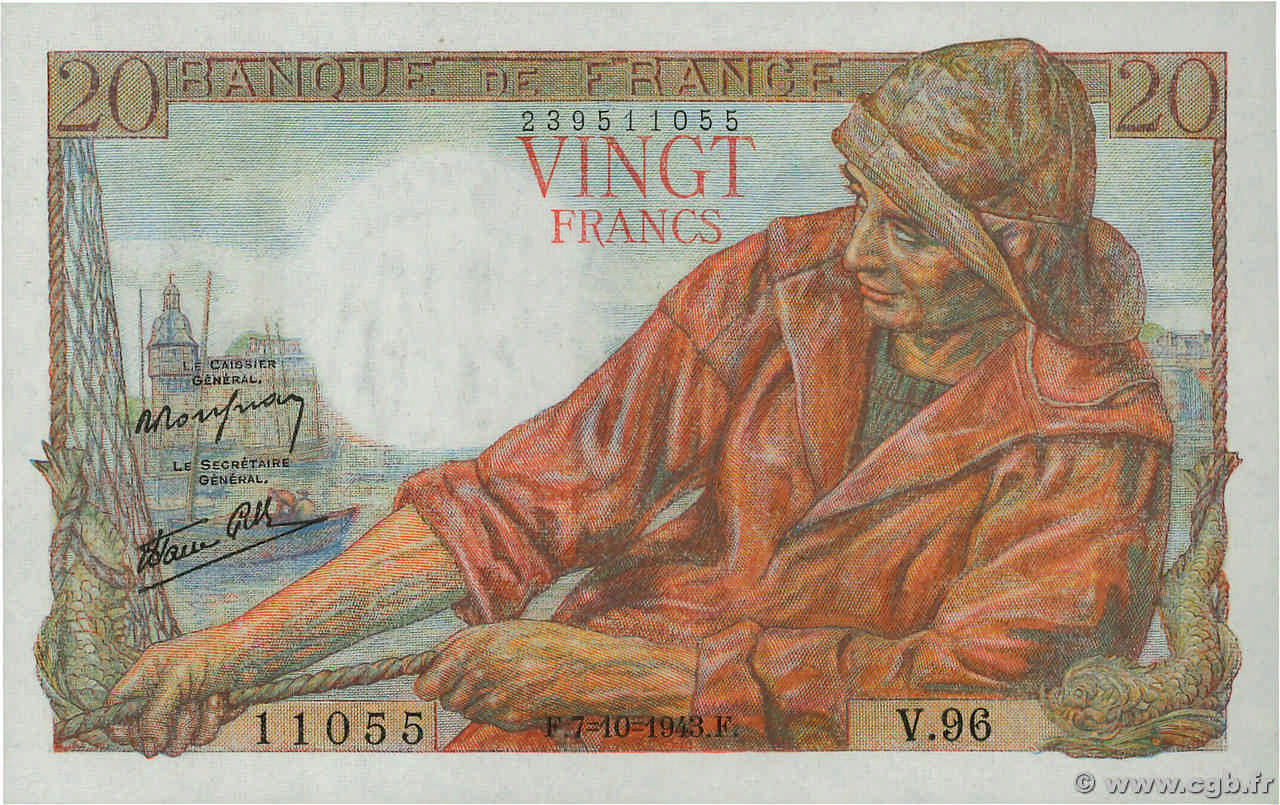 20 Francs PÊCHEUR FRANCE  1943 F.13.07 pr.NEUF