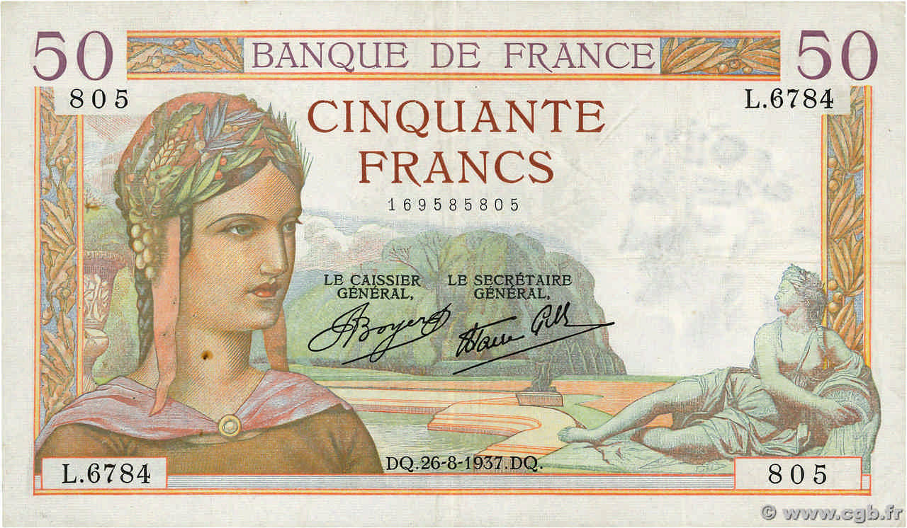 50 Francs CÉRÈS modifié FRANCE  1937 F.18.02 TB