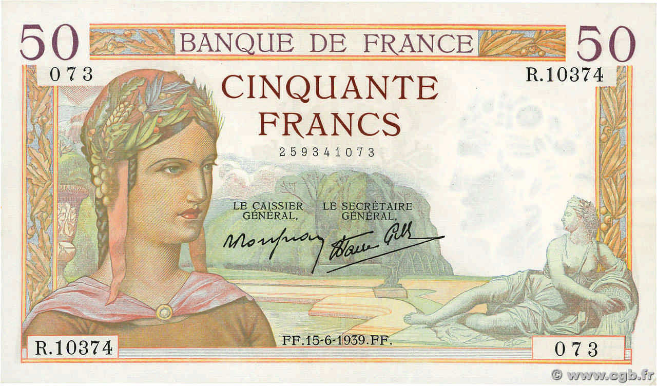 50 Francs CÉRÈS modifié FRANCE  1939 F.18.26 TTB