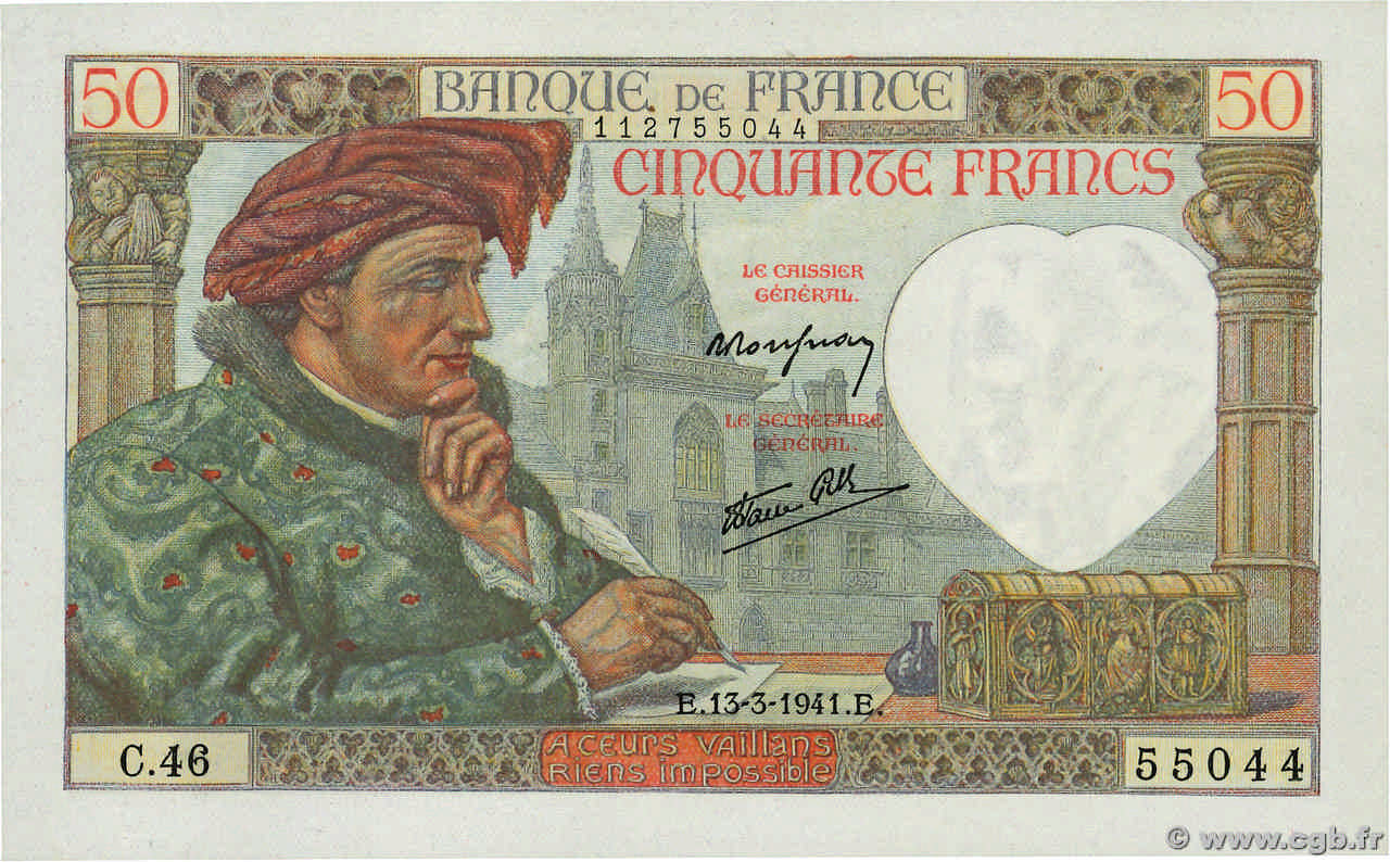 50 Francs JACQUES CŒUR FRANCIA  1941 F.19.07 q.FDC
