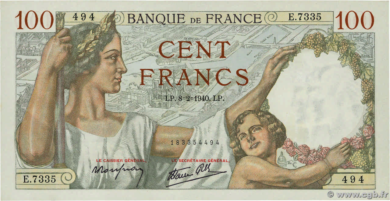 100 Francs SULLY FRANCE  1940 F.26.22 AU