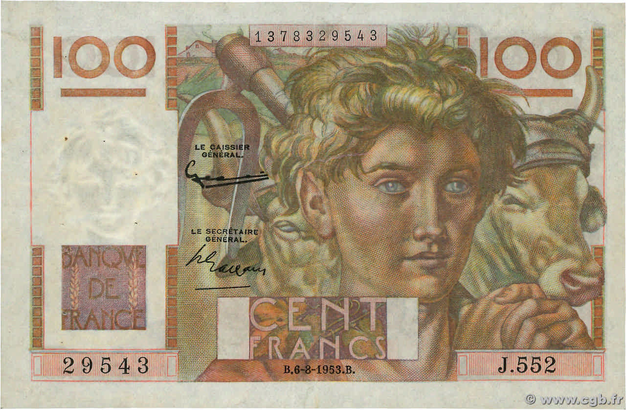 100 Francs JEUNE PAYSAN filigrane inversé FRANKREICH  1952 F.28bis.02 fSS
