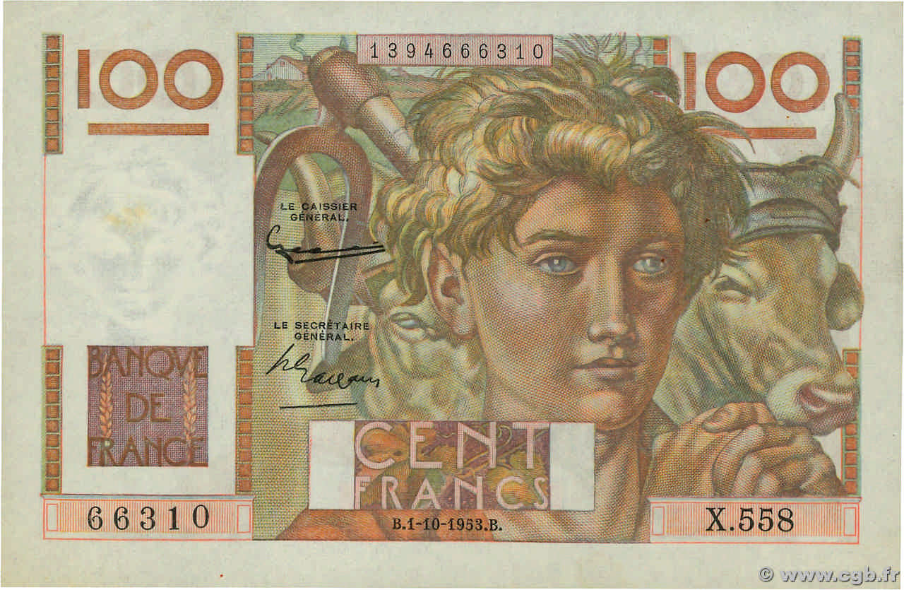 100 Francs JEUNE PAYSAN filigrane inversé FRANCIA  1953 F.28bis.03 q.SPL