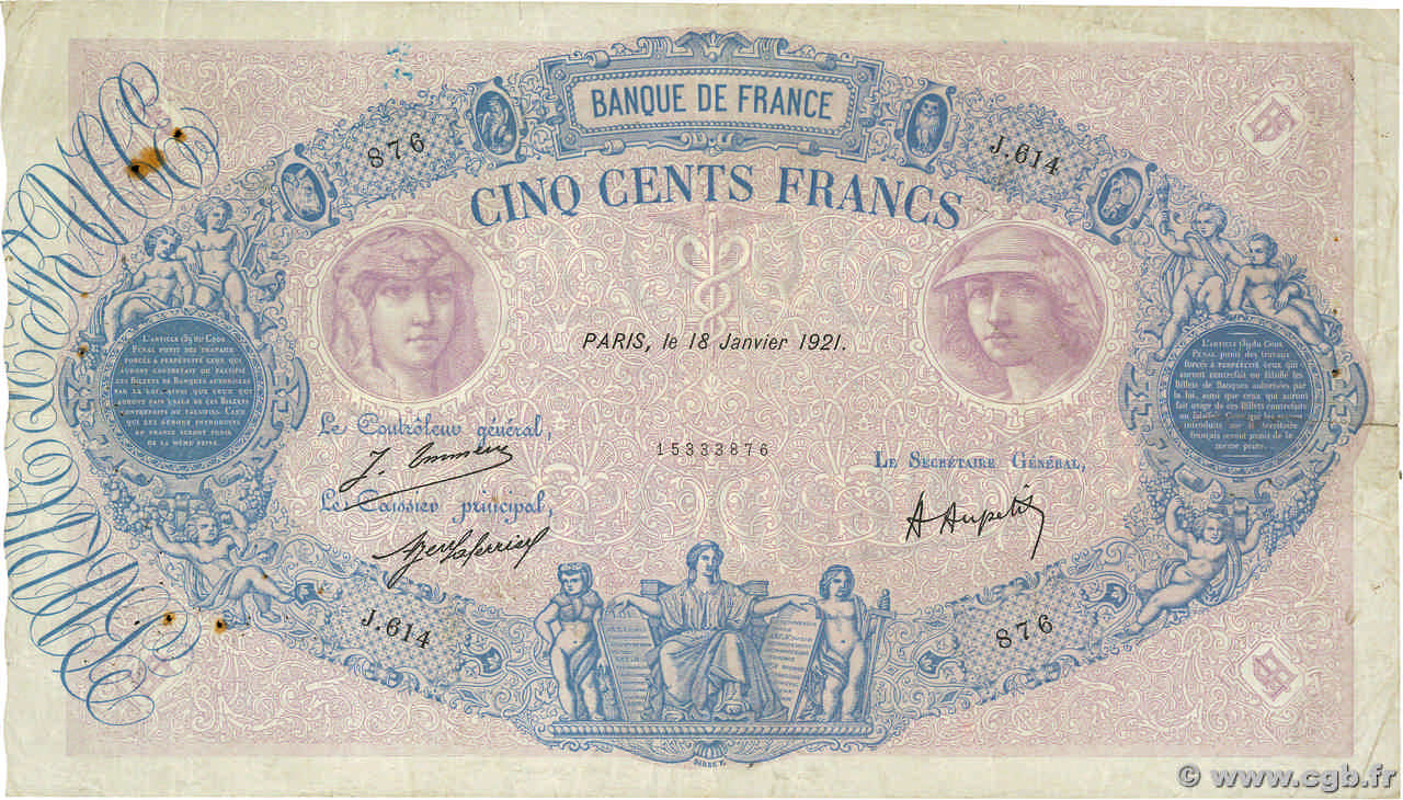 500 Francs BLEU ET ROSE FRANCIA  1921 F.30.25 RC+