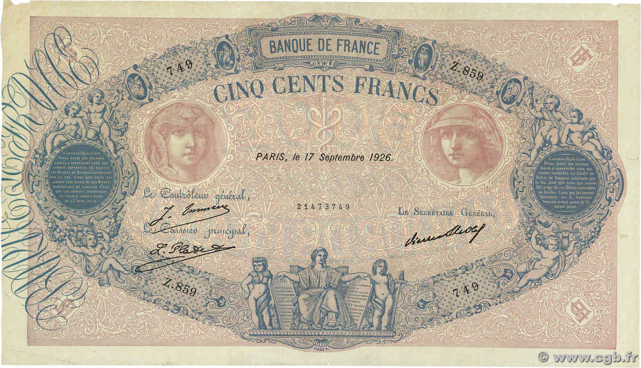 500 Francs BLEU ET ROSE FRANCE  1926 F.30.29 TB