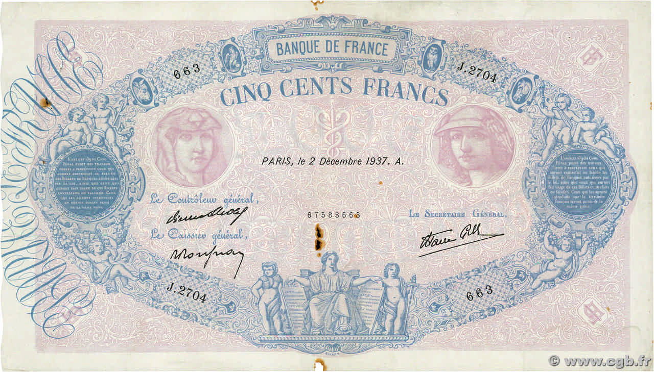 500 Francs BLEU ET ROSE modifié FRANCE  1937 F.31.04 TB