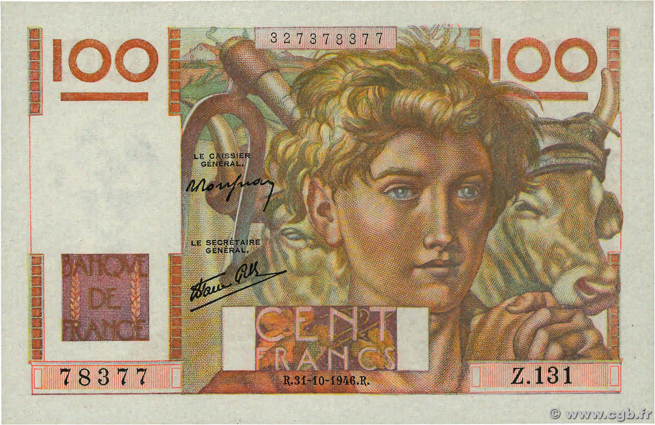100 Francs JEUNE PAYSAN FRANCE  1946 F.28.10 UNC-