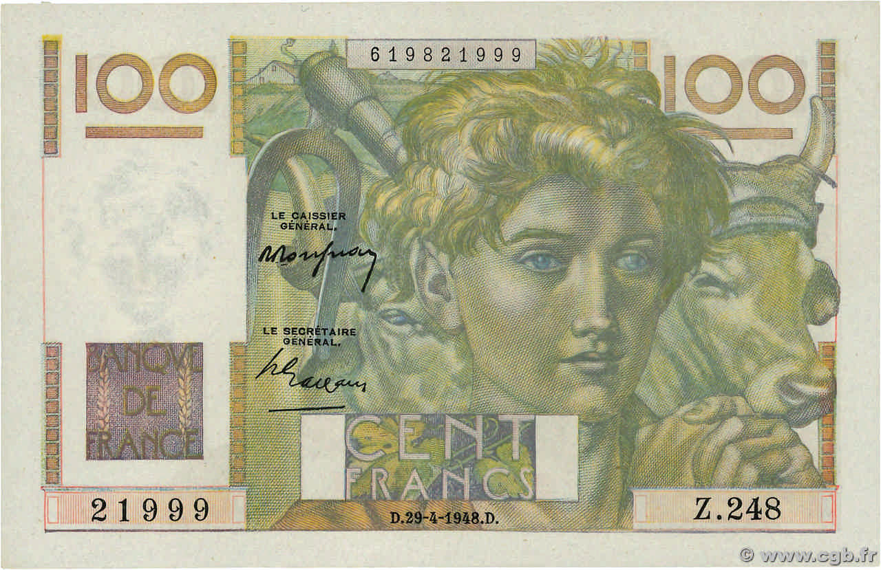 100 Francs JEUNE PAYSAN FRANCIA  1948 F.28.18 SC