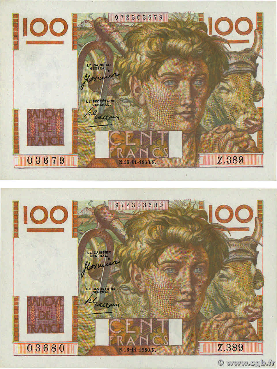 100 Francs JEUNE PAYSAN Consécutifs FRANCIA  1950 F.28.28 SC