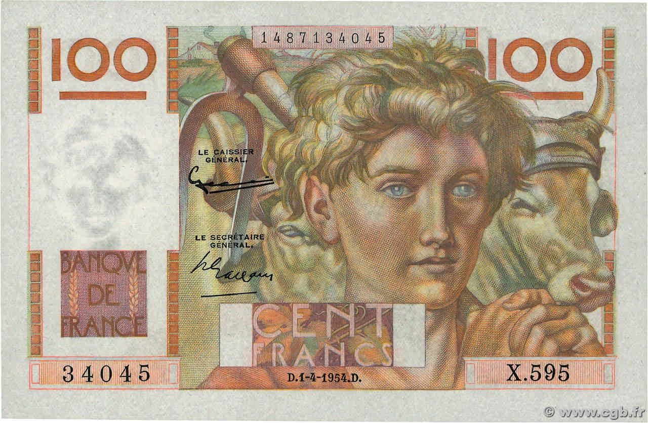 100 Francs JEUNE PAYSAN FRANCE  1954 F.28.43 pr.NEUF
