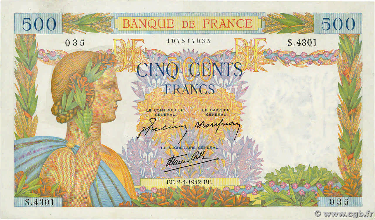 500 Francs LA PAIX FRANCE  1942 F.32.26 pr.SUP