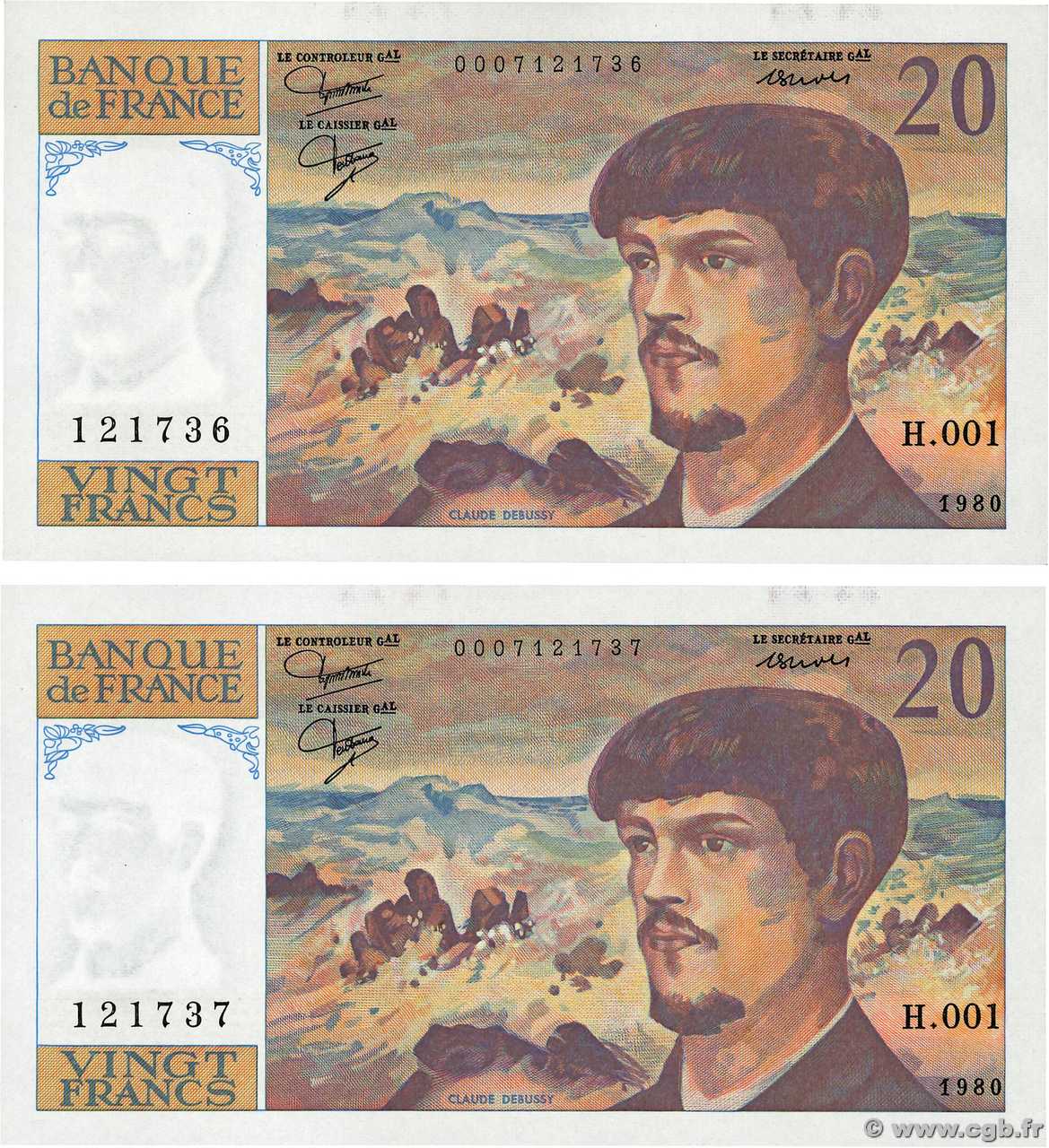 20 Francs DEBUSSY Consécutifs FRANCIA  1980 F.66.01 q.FDC
