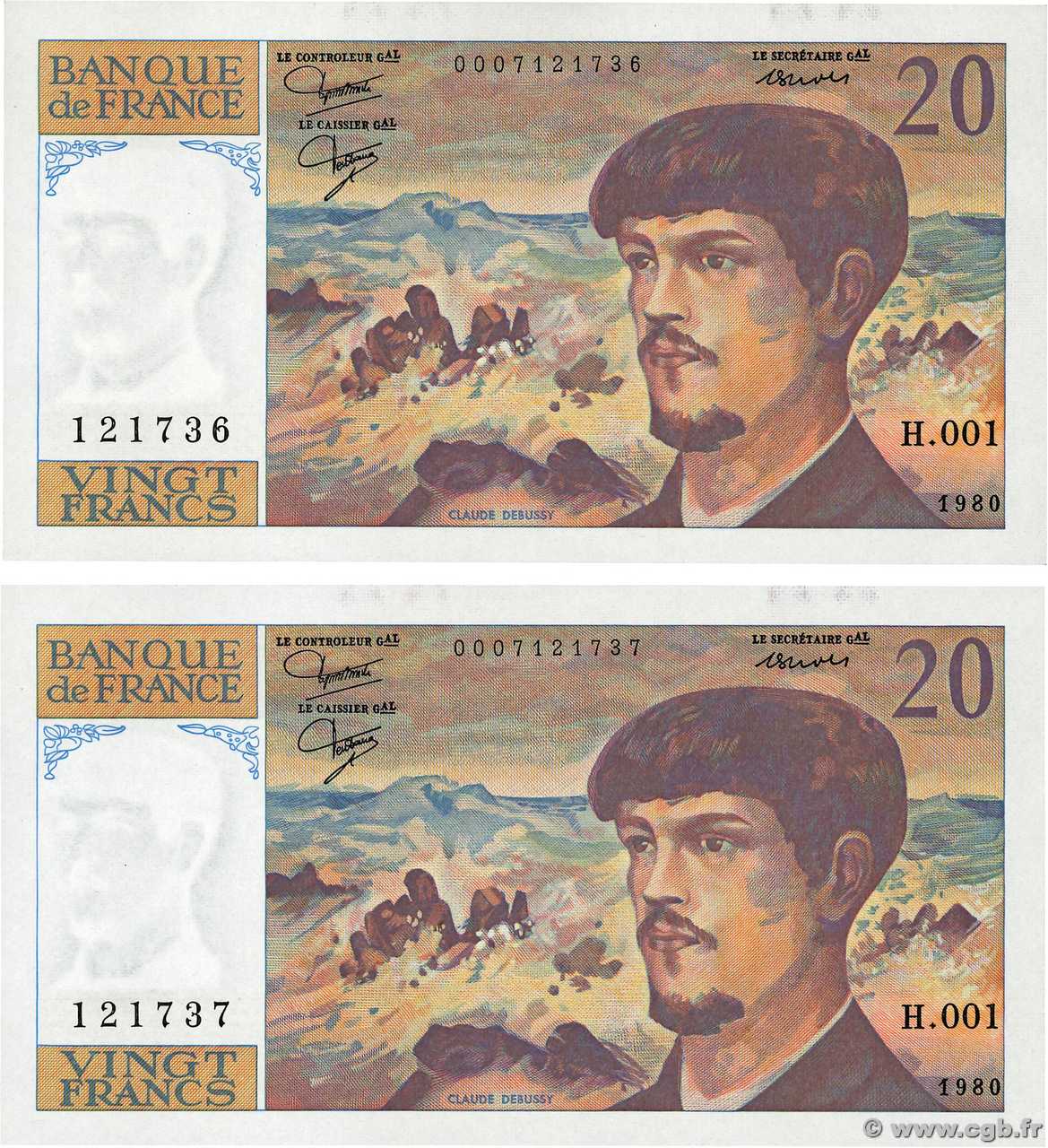 20 Francs DEBUSSY Consécutifs FRANCIA  1980 F.66.01 SC+