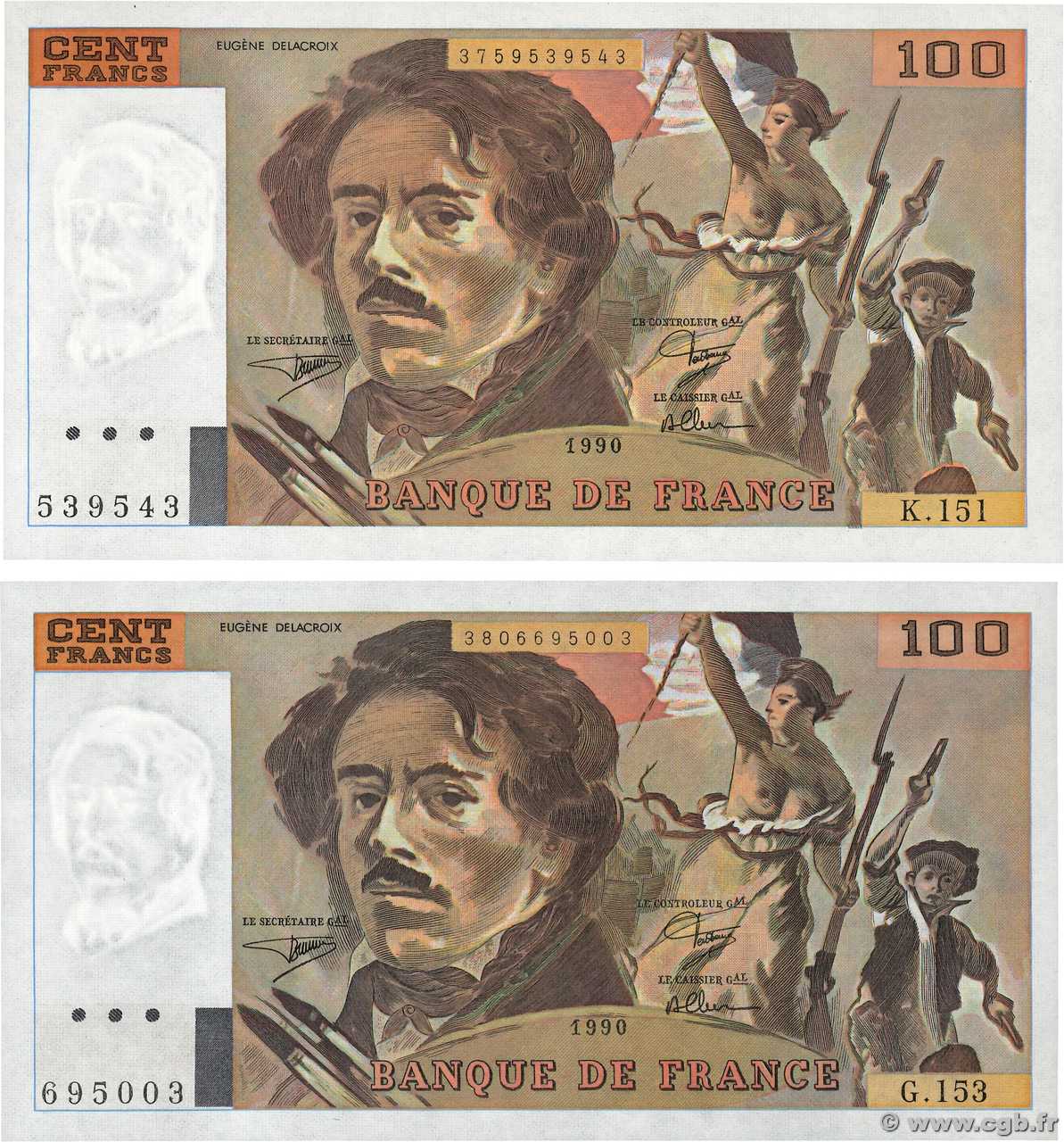 100 Francs DELACROIX imprimé en continu Lot FRANCIA  1990 F.69bis.02a q.FDC
