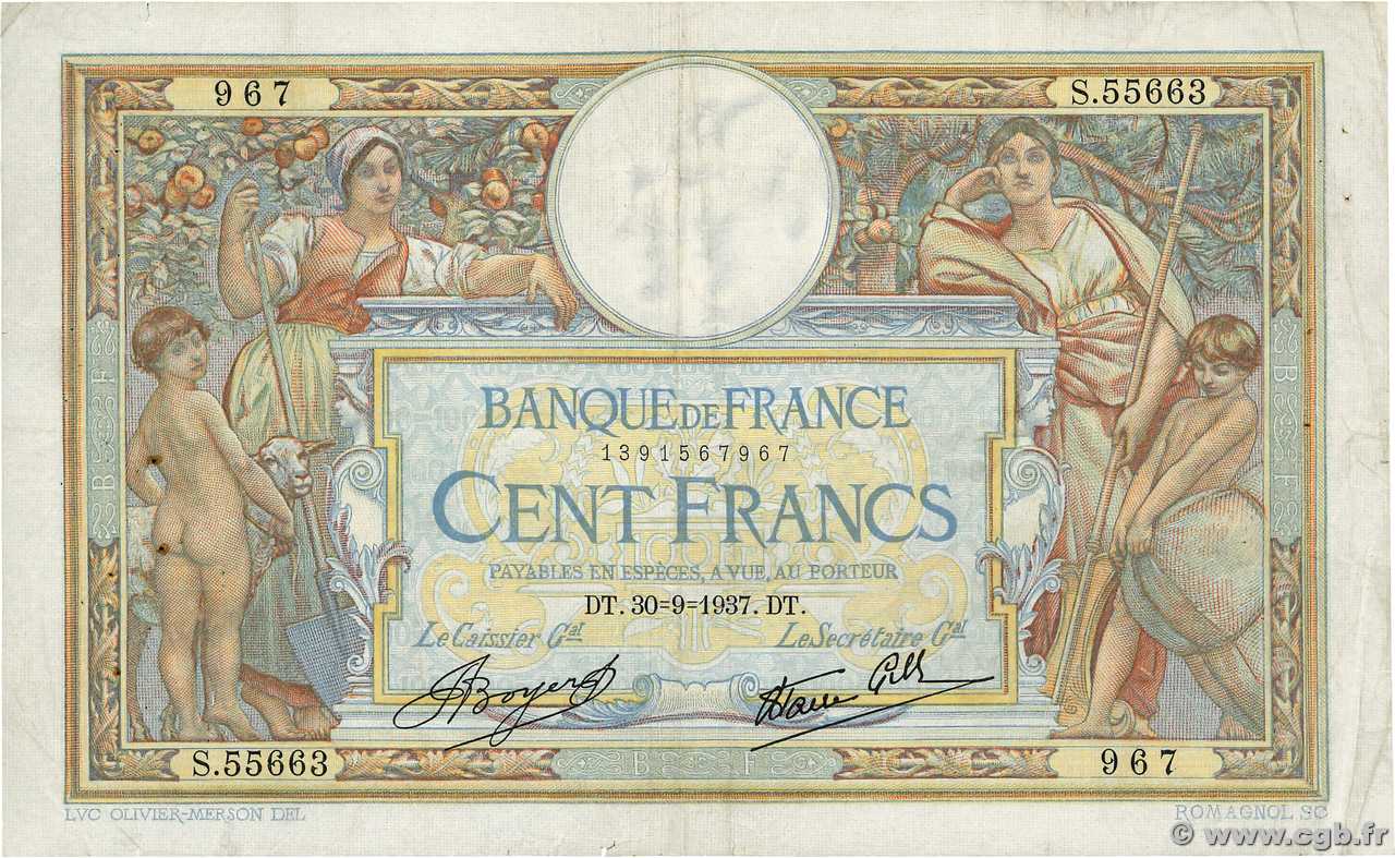 100 Francs LUC OLIVIER MERSON type modifié FRANCIA  1937 F.25.02 BC