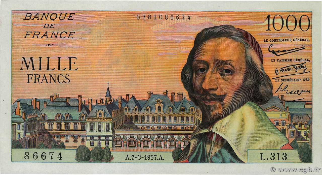 1000 Francs RICHELIEU FRANCE  1957 F.42.25 AU+