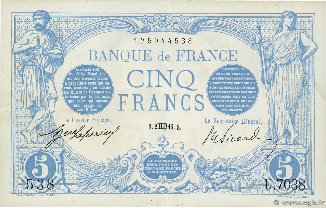 5 Francs BLEU FRANCIA  1915 F.02.30 SC
