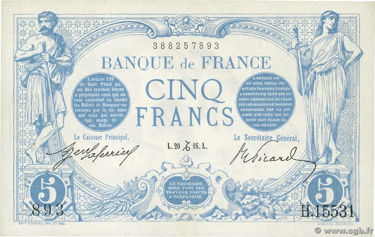 5 Francs BLEU FRANCE  1916 F.02.46 XF