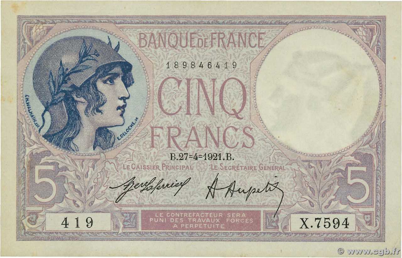 5 Francs FEMME CASQUÉE FRANCE  1921 F.03.05 SUP