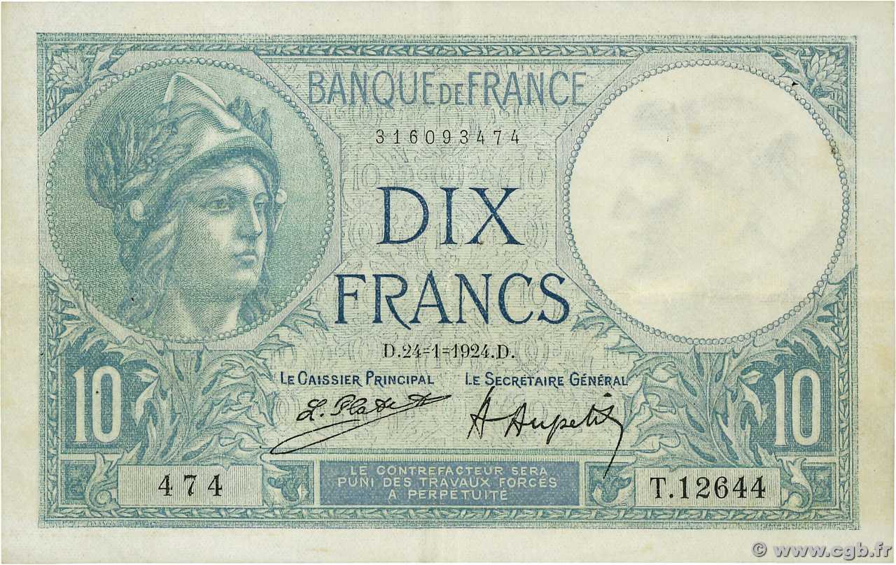 10 Francs MINERVE FRANCE  1924 F.06.08 TTB+