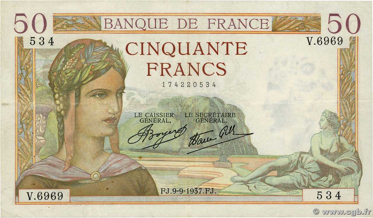 50 Francs CÉRÈS modifié FRANCE  1937 F.18.03 TTB