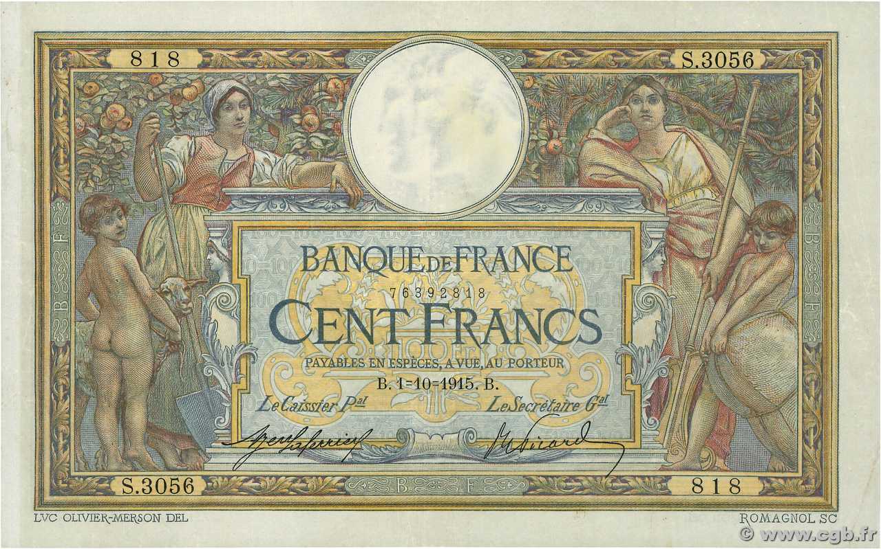100 Francs LUC OLIVIER MERSON sans LOM FRANKREICH  1915 F.23.07 SS