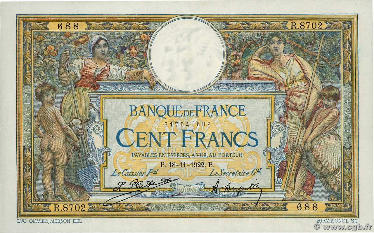 100 Francs LUC OLIVIER MERSON sans LOM FRANCE  1922 F.23.15 XF
