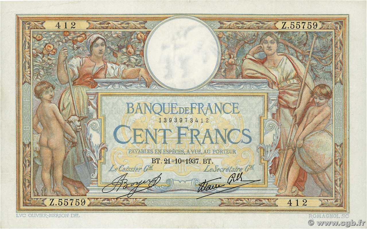100 Francs LUC OLIVIER MERSON type modifié FRANCIA  1937 F.25.03 SPL