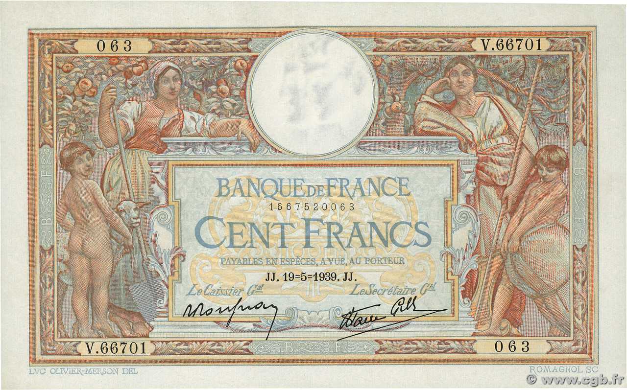 100 Francs LUC OLIVIER MERSON type modifié FRANCE  1939 F.25.47 SUP