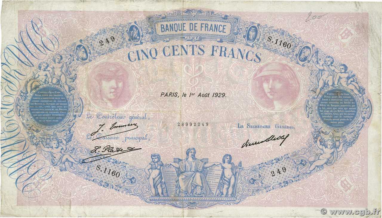 500 Francs BLEU ET ROSE FRANCIA  1929 F.30.32 BC