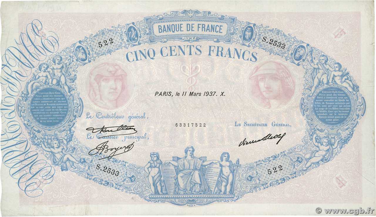 500 Francs BLEU ET ROSE FRANCIA  1937 F.30.38 MBC