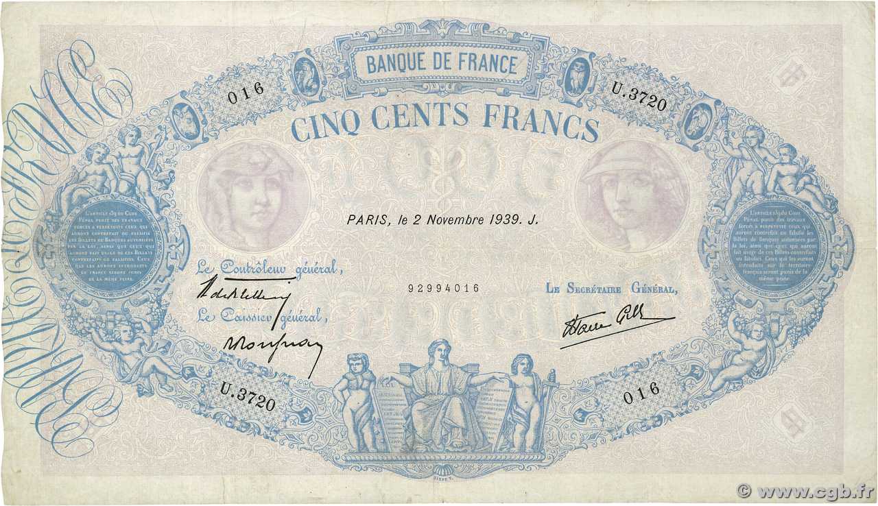 500 Francs BLEU ET ROSE modifié FRANCE  1939 F.31.46 F+