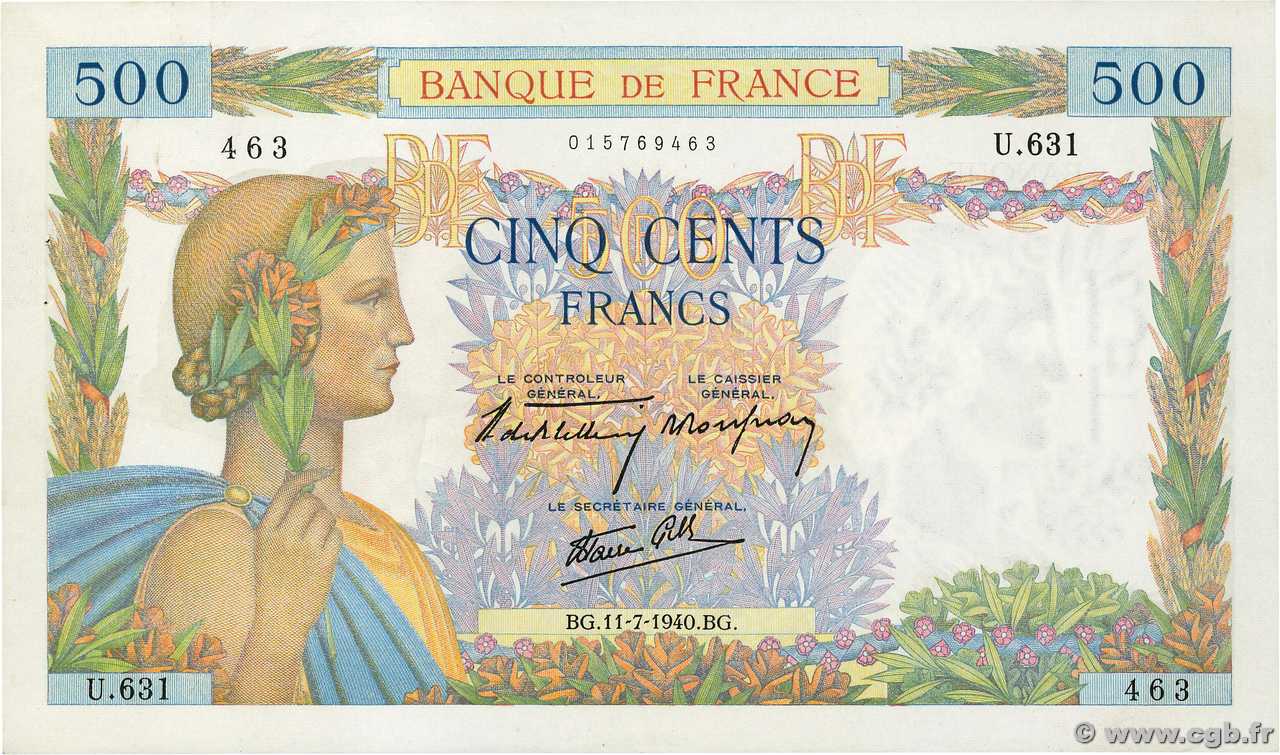 500 Francs LA PAIX FRANKREICH  1940 F.32.04 fST