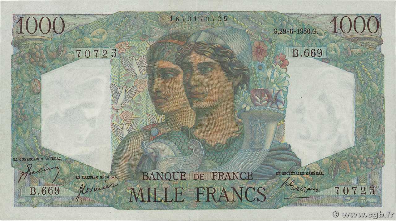1000 Francs MINERVE ET HERCULE FRANCE  1950 F.41.33 XF+
