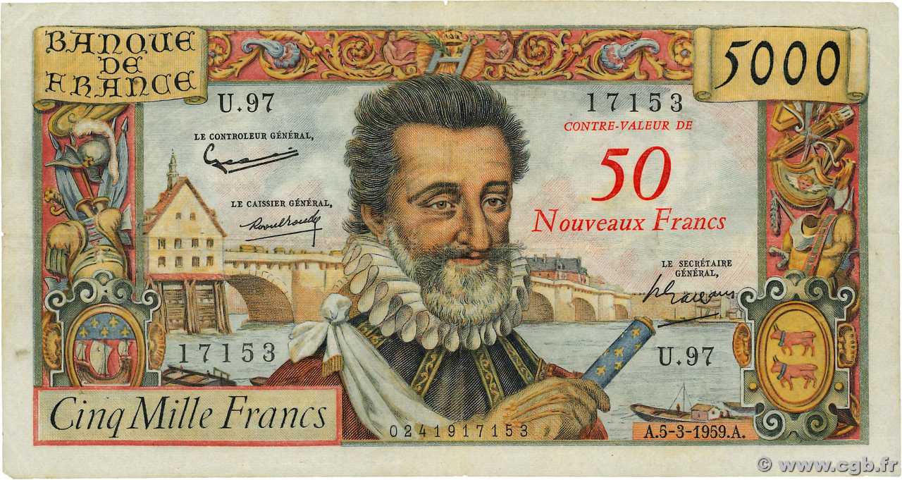 50 NF sur 5000 Francs HENRI IV FRANCIA  1959 F.54.02 RC+
