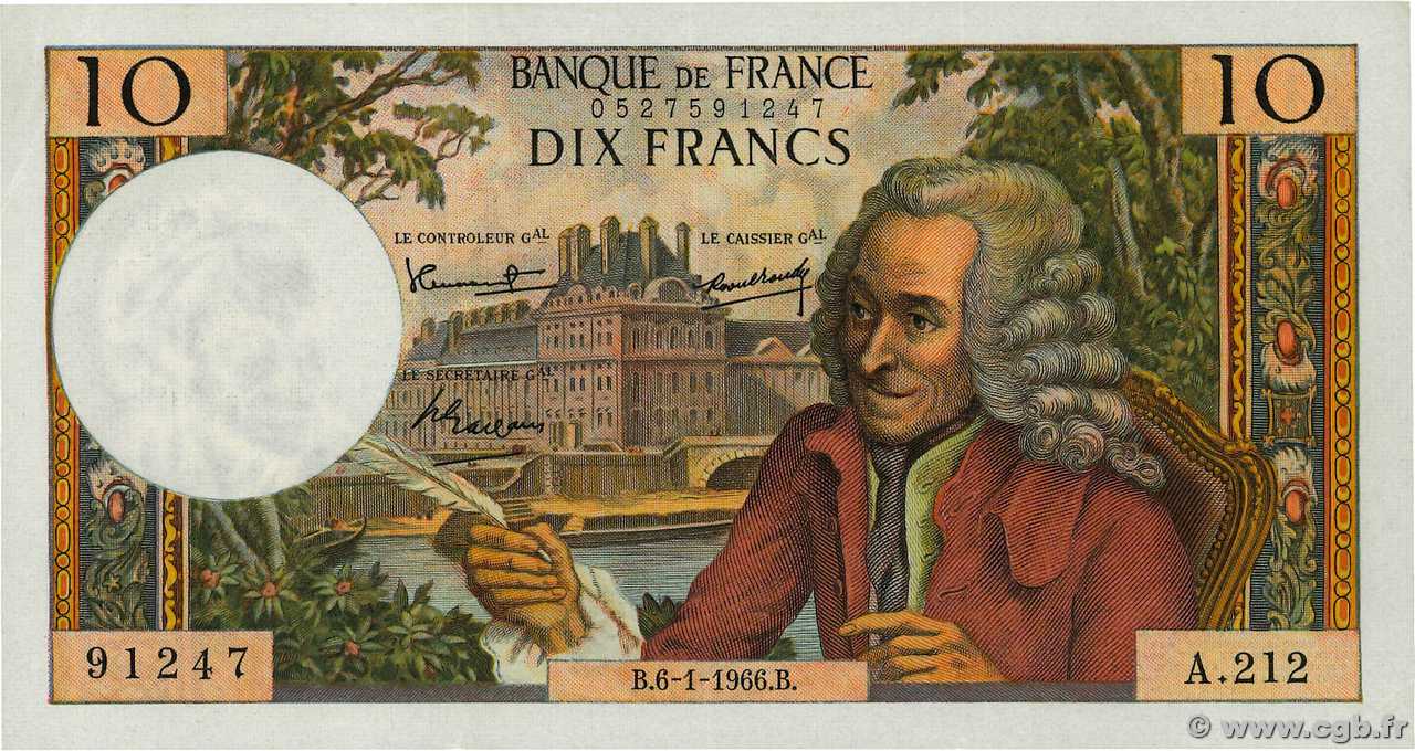 10 Francs VOLTAIRE FRANKREICH  1966 F.62.19 VZ+