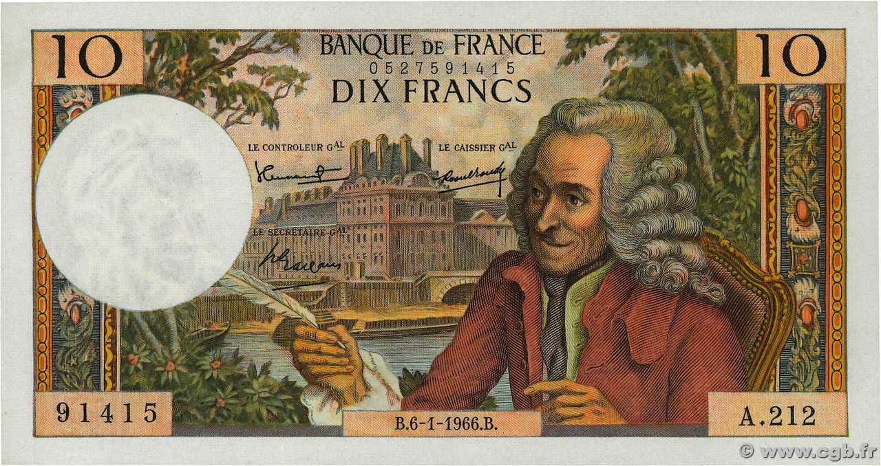 10 Francs VOLTAIRE FRANCE  1966 F.62.19 XF+