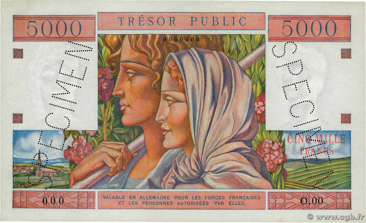 5000 Francs TRÉSOR PUBLIC Spécimen FRANKREICH  1955 VF.36.00Sp fST+