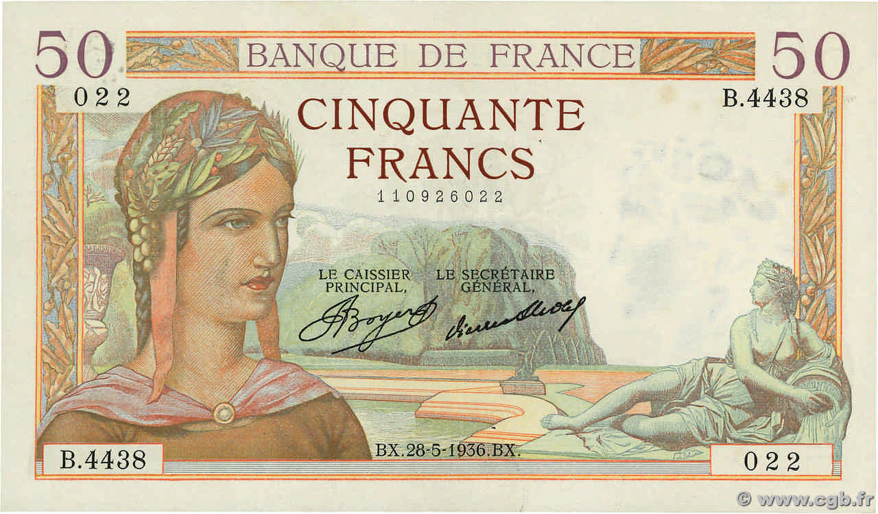 50 Francs CÉRÈS FRANKREICH  1936 F.17.26 fVZ