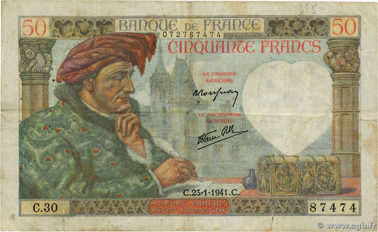 50 Francs JACQUES CŒUR FRANCIA  1941 F.19.05 MB