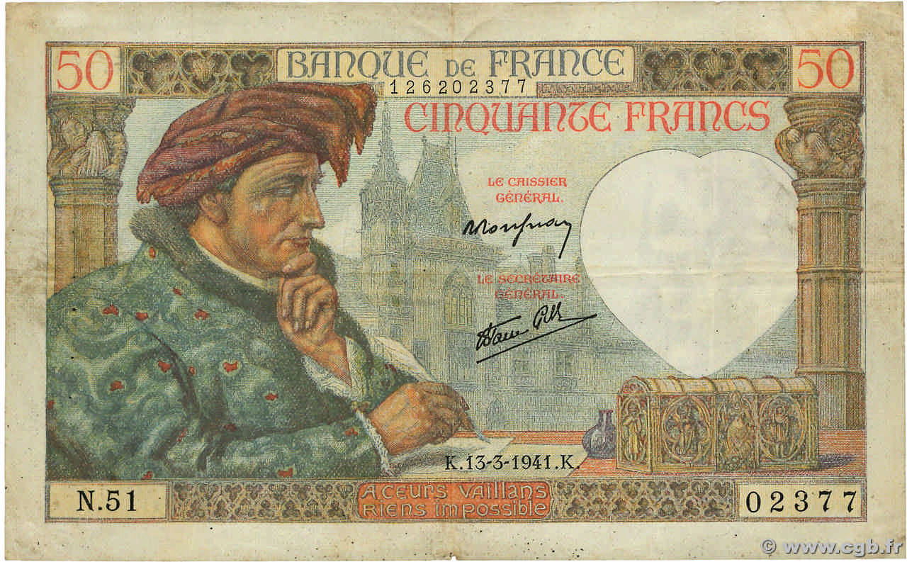 50 Francs JACQUES CŒUR FRANCIA  1941 F.19.07 BC+