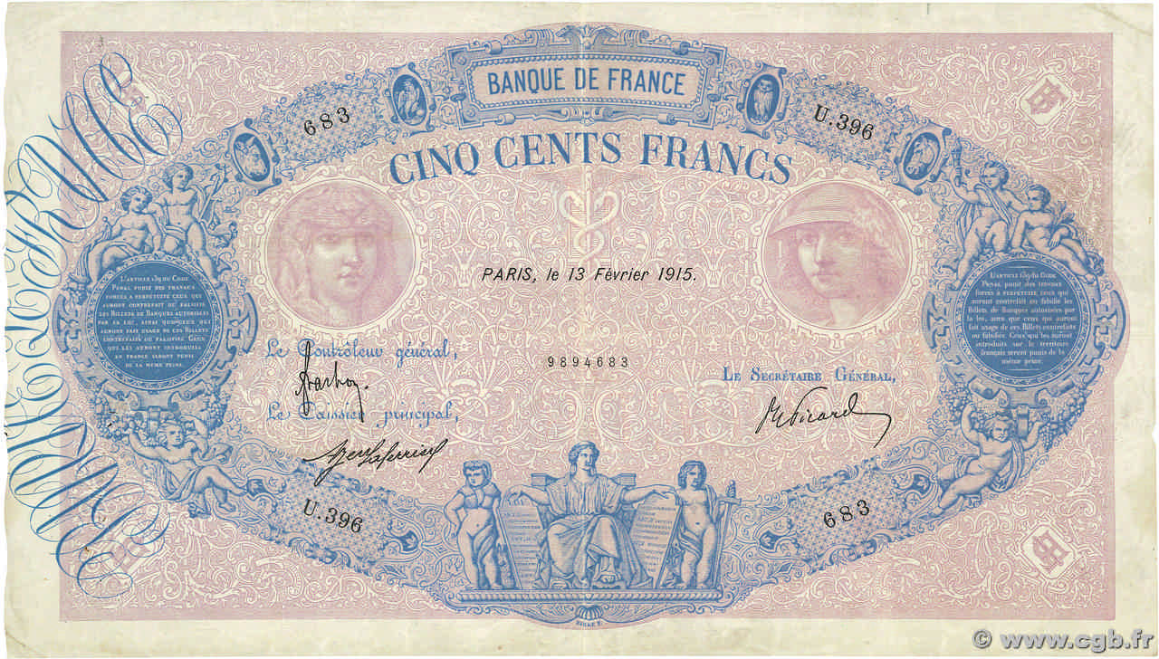 500 Francs BLEU ET ROSE FRANCIA  1915 F.30.22 BC+